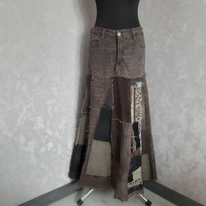Handmade L Denim patchwork skirt waist 33", Casual long skirt of shabby jeans, Jean skirt in hipster style