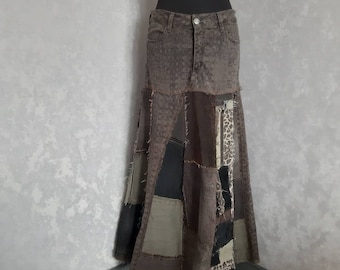 Handgemachte Größe L Denim patchwork Rock Taille 33 , Lässiger langer Rock aus shabby Jeans, Jeansrock im Hipster Stil