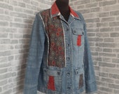 Patchwork denim blue jacket size L, Jacket from recycled denim jacket and distressed patches, Handmade from Ukraine
