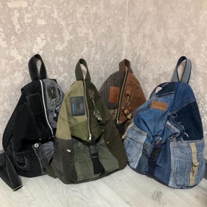 Handmade patchwork casual denim backpack, Blue hipster backpack for college, Travel black jeans backpack, Urban backpack of shabby jeans