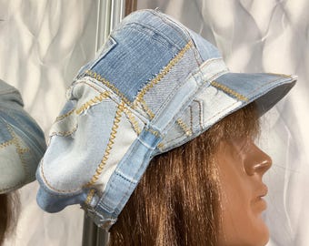 Handmade denim patchwork newsboy cap 23,2", Boho blue jean hat in street fashion style, Unisex denim hat 59cm