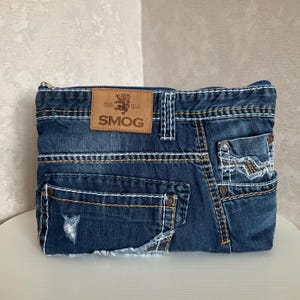 Bolsa grande de cosméticos jeans feita à mão para viagem, bolsa jeans azul surrada para cosméticos e medicamentos