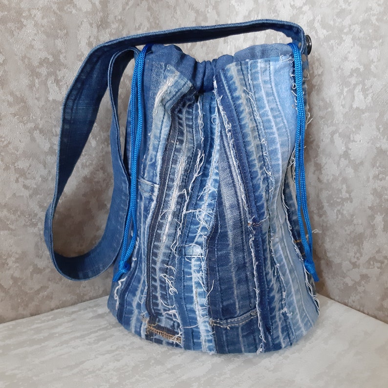 Denim patchwork drawstring bag bucket Large crossbody | Etsy