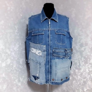 Handgemachte Patchwork Jeansblau Weste Größe XL, Boro Weste aus recycelten Jeans-Patches