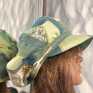 Handmade slouchy newsboy patchwork cap 22,4", Boho dreadlocks hat 57cm in street fashion style, Casual denim patchwork hat
