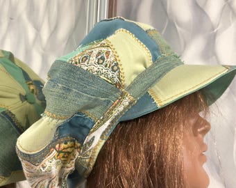 Handmade slouchy newsboy patchwork cap 22,4", Boho dreadlocks hat 57cm in street fashion style, Casual denim patchwork hat