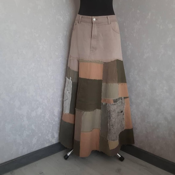 Handmade XL Boho patchwork skirt, Denim long skirt, Multicolor denim skirt  in street fashion style