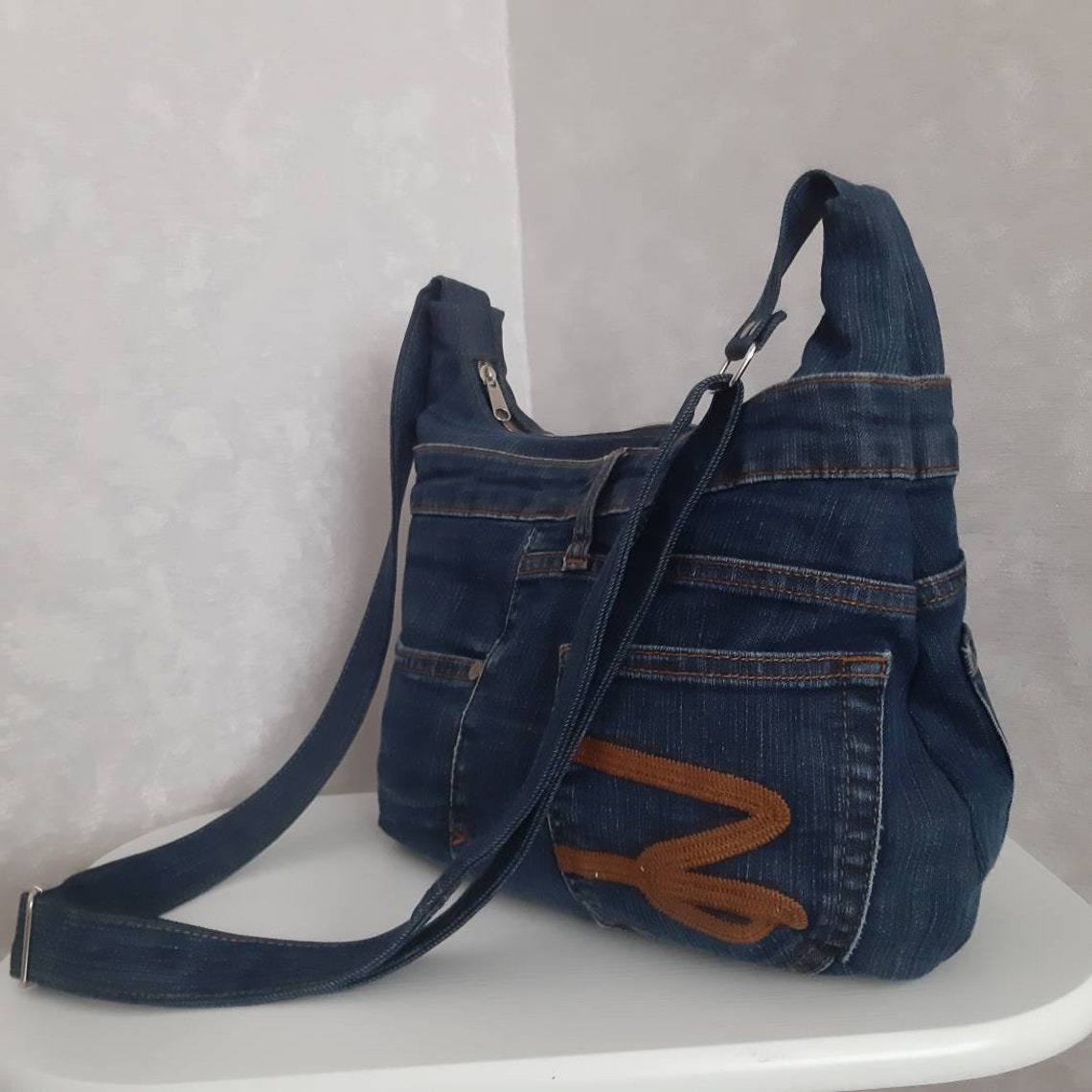 Crossbody denim bag medium size Jean shoulder bag Casual Etsy