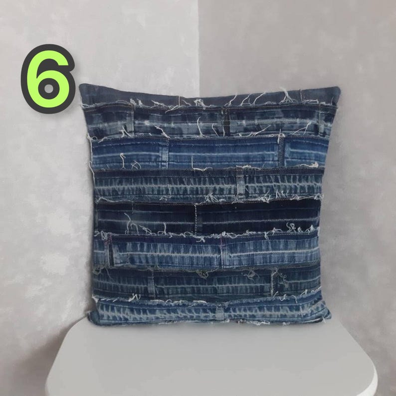 Crazy Patchwork Denim Pillowcase 40x40cm, Blue Boro Pillow Cover, Recycled Jeans Cushion Cover, Boho Farmhouse Throw Pillow, Vintage Denim image 7