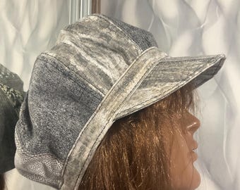 Denim Patchwork Newsboy Hat 61cm/24”, Boho Grey Rasta Hat, Dreadlocks Newsboy Cap, Street Fashion Baker Boy Hat, Upcycled Denim Cap