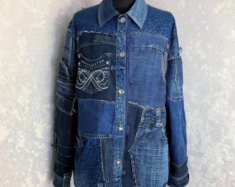 Patchwork Denim Blue Jacket Size L, Unisex Boro Jacket, Recycled Denim Coat, Distressed Patchwork Jeans Jacket, Sustainable Hipster Jacket