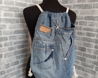 Drawstring denim backpack, Casual jean urban rucksack, Backpack for college of shabby jeans