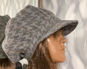 Handmade denim newsboy cap 22.4", Boho gray jean hat 57cm in street fashion style, Unisex denim patchwork hat