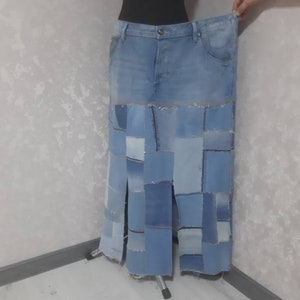 Handmade 3XL Denim patchwork skirt waist 44&quot;, Casual long skirt of shabby jeans, Blue jean maxi skirt in hipster style