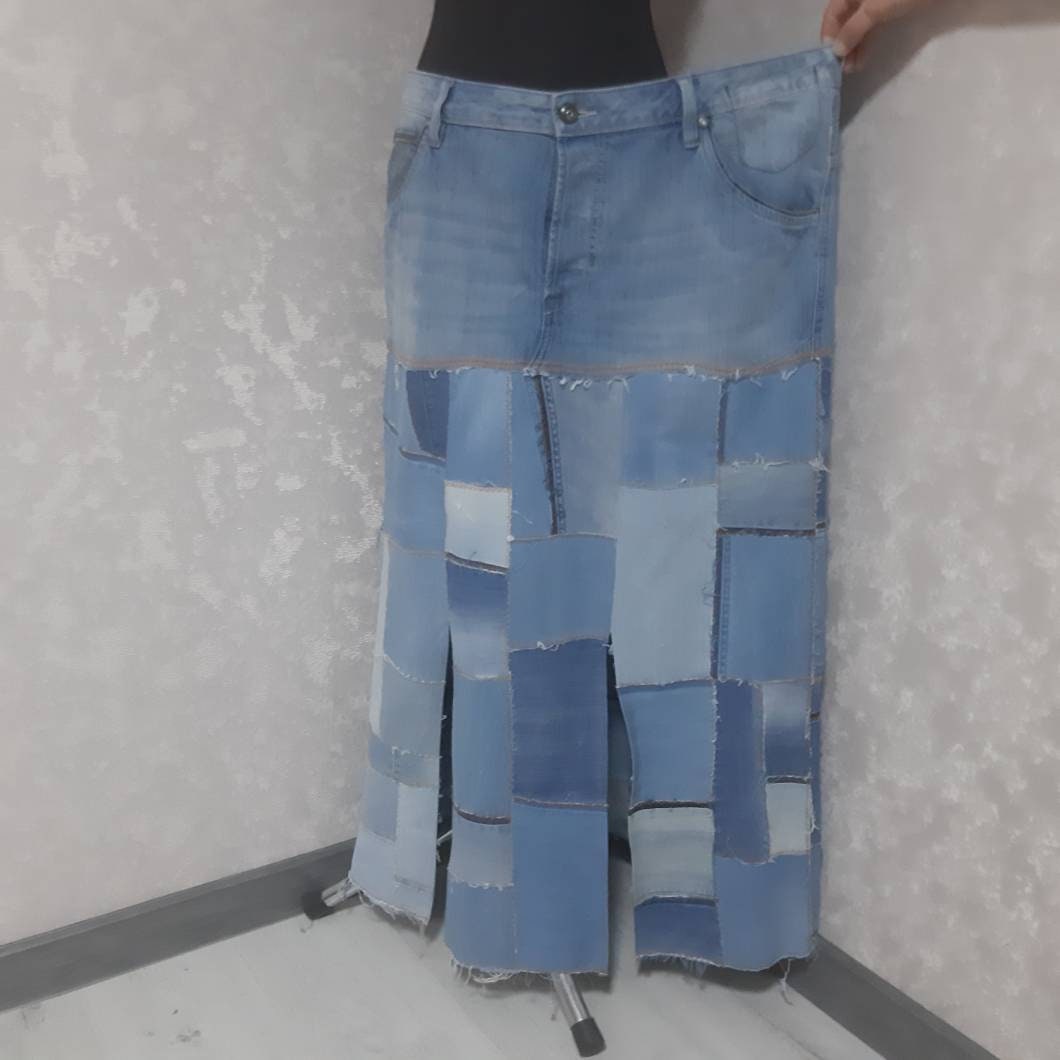 ハンドメイド vintage デニムパッチワークロングスカート デニムパッチ