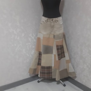 Handmade XL Denim patchwork skirt waist 37&quot;, Casual long skirt of shabby jeans, Multicolour jean maxi skirt in gipsy style
