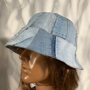 Handmade denim patchwork bucket hat 24&quot;, Boho blue jean hat in street fashion style, Boro crazy patchwork hat 60cm