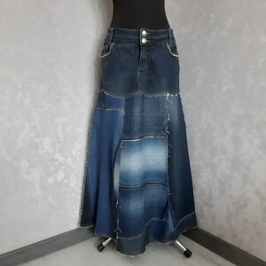 Handmade L Denim patchwork skirt waist 35", Casual long skirt of shabby jeans, Blue jean skirt in hipster style