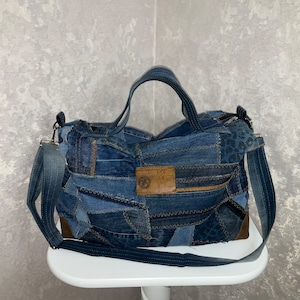 Large patchwork denim bag, Weekender bag of recycled jeans, Jean overnight large bag, Travel tote of shabby jeans