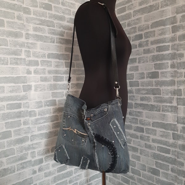 Hobo denim bag, Jean shoulder bag, Casual purse of shabby jeans