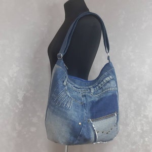 Handmade hobo denim bag, Jean tote bag, Casual slouchy bag of shabby jeans