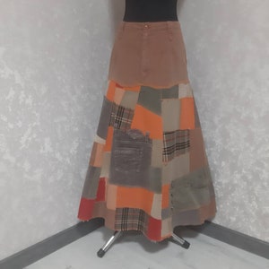 Handmade XL Denim patchwork skirt waist 36&quot;, Long skirt of shabby jeans, Multicolor jean maxi skirt in street fashion style