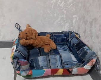 Patchwork denim soft bed for pets