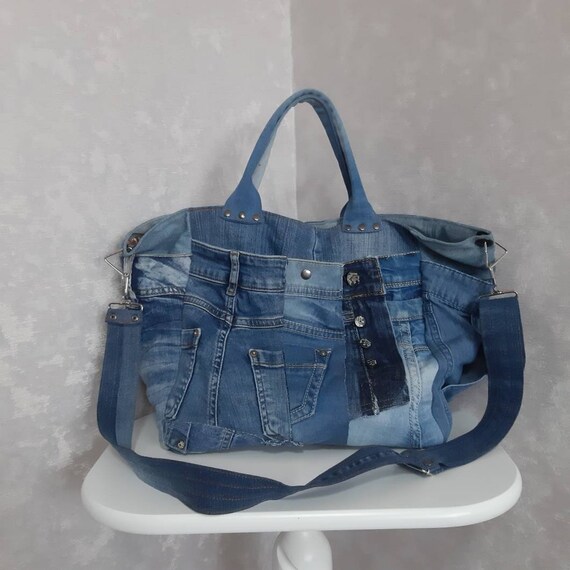 Patchwork large hobo denim bag Jean tote bag Casual market | Etsy