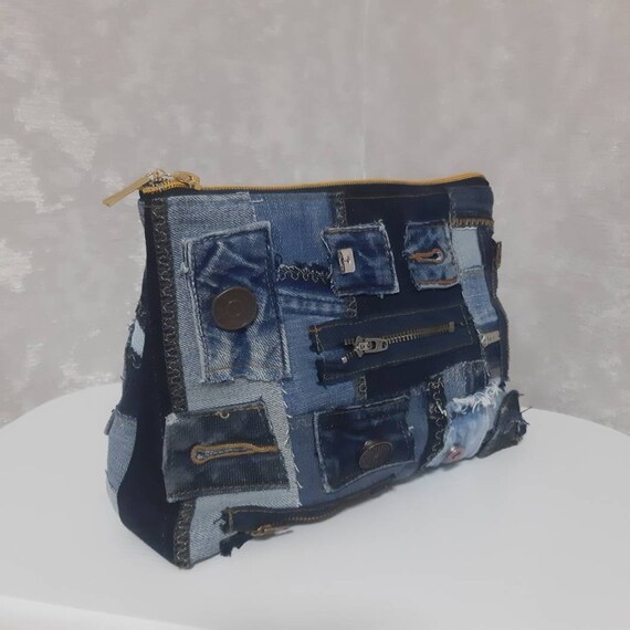 Blue boro denim cosmetic bag Travel organizer of jeans | Etsy