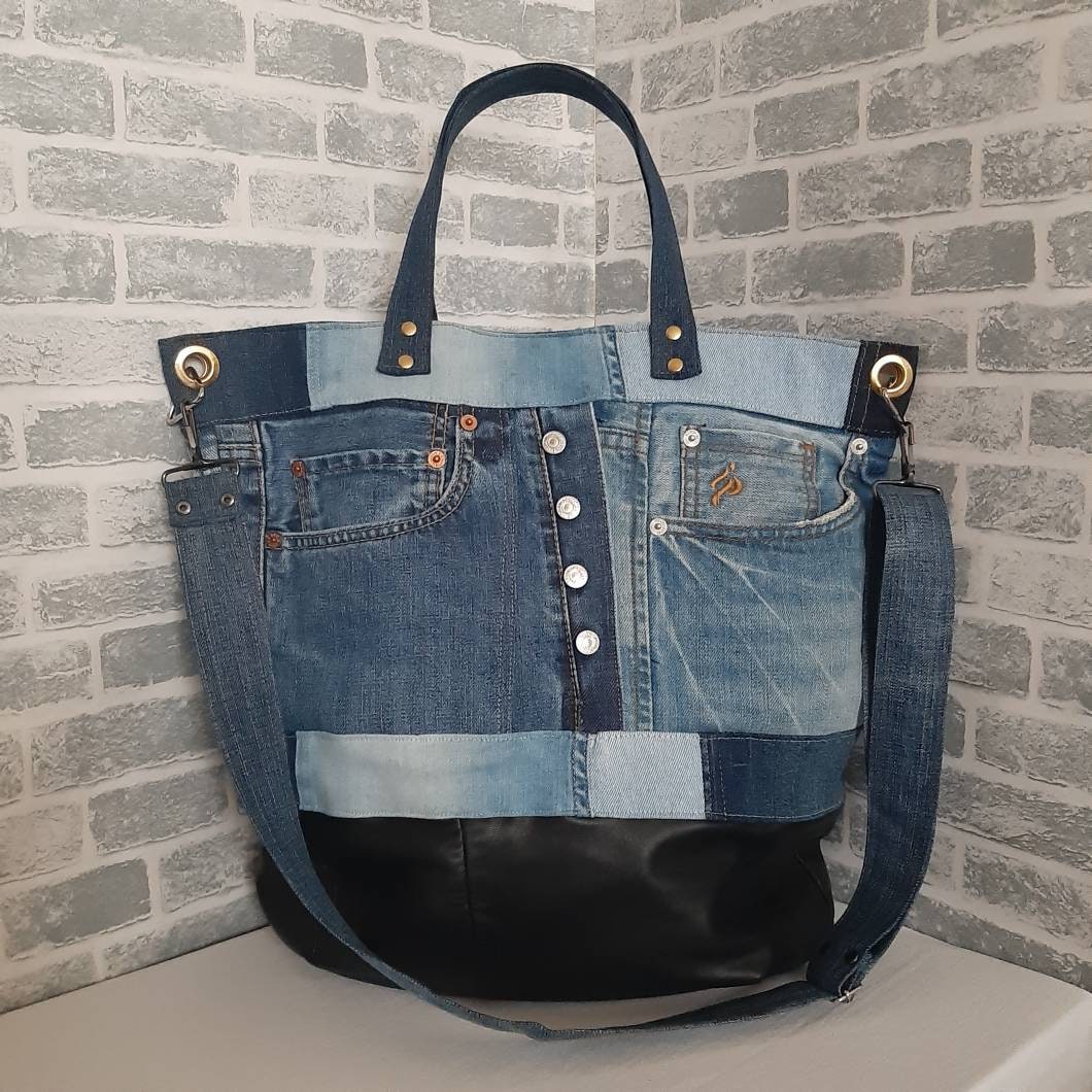 Denim leather tote bag | Etsy