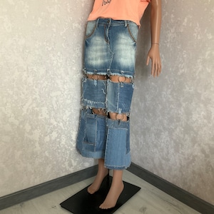Handmade M Light blue denim patchwork skirt waist 30&quot;, Casual long skirt of shabby jeans, Blue jean maxi skirt in hipster style