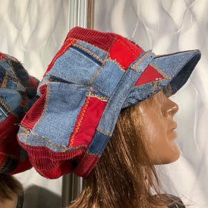 Handmade oversized denim patchwork newsboy cap 24", Boho blue red jean hat in street fashion style, Falls dreadlocks patchwork hat 61cm