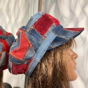 Handmade Denim Corduroy Patchwork Newsboy Cap, Boho Blue Red Hat, Recycled Denim Fall Cap, Street Style Patchwork Hat, Size 60cm/23.6”