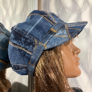 Handmade denim patchwork newsboy cap 24,4", Boho blue jean hat in street fashion style, Unisex denim hat 62cm