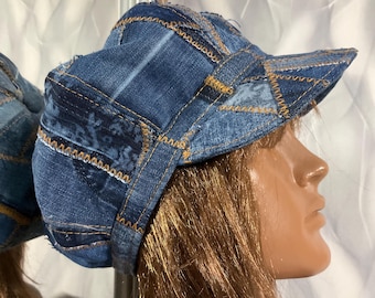 Handmade denim patchwork newsboy cap 24,4", Boho blue jean hat in street fashion style, Unisex denim hat 62cm