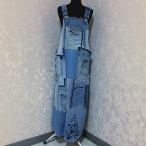 Handmade L denim patchwork overall dress, Casual long sarafan of shabby jeans, oversize denim sundress in hipster style
