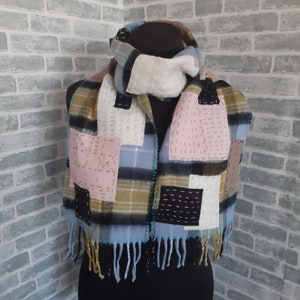 Handmade boho patchwork multicolour scarf with embroidery Sashiko