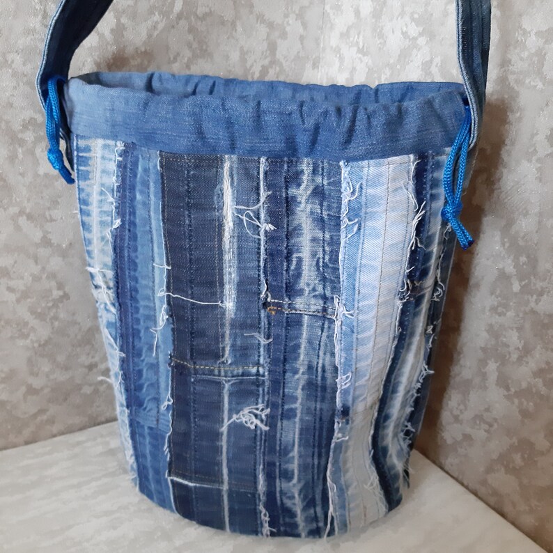 Denim Patchwork Drawstring Bag Bucket Large Crossbody - Etsy