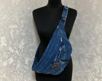 Denim-Schultertasche, Unisex-Fanny-Pack, recycelte Denim-Umhängetasche, lässige Reisebrusttasche, handgefertigte Shabby-Jeans-Geldbeutel, Streetwear-Gürteltasche
