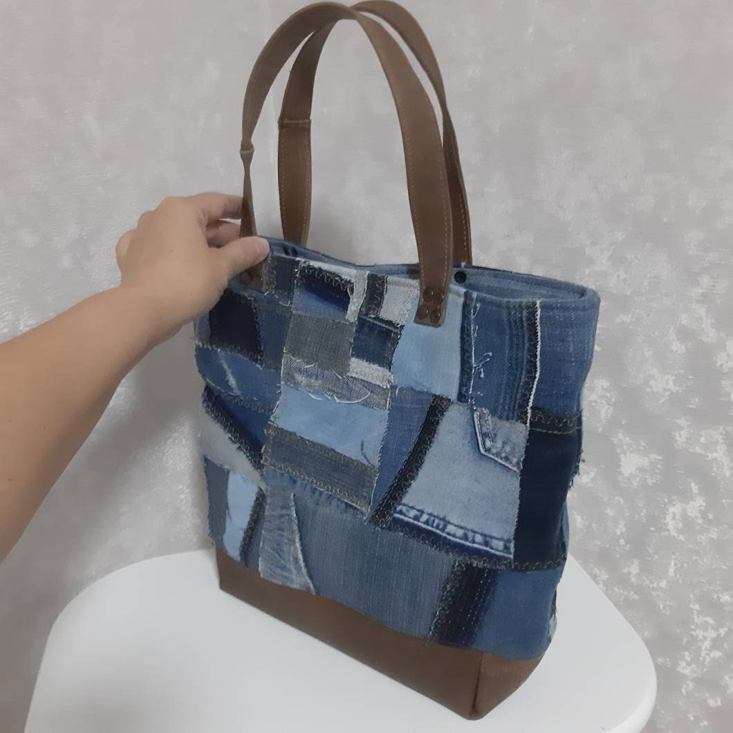 Denim Leather Patchwork Top Handles Bag Casual Jeans Bag - Etsy