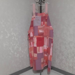 Handmade 5XL Oversize pink denim patchwork overall dress, Casual long sarafan of shabby jeans, Long denim sundress