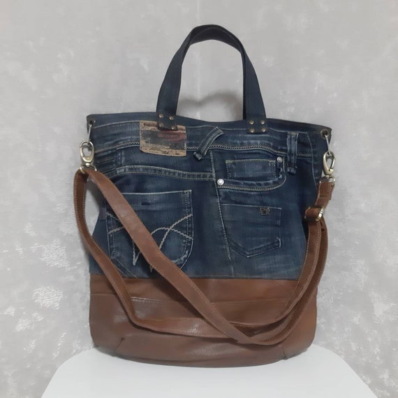 Denim Leather Tote Bag Unisex Jean Large Bag Casual Market | Etsy