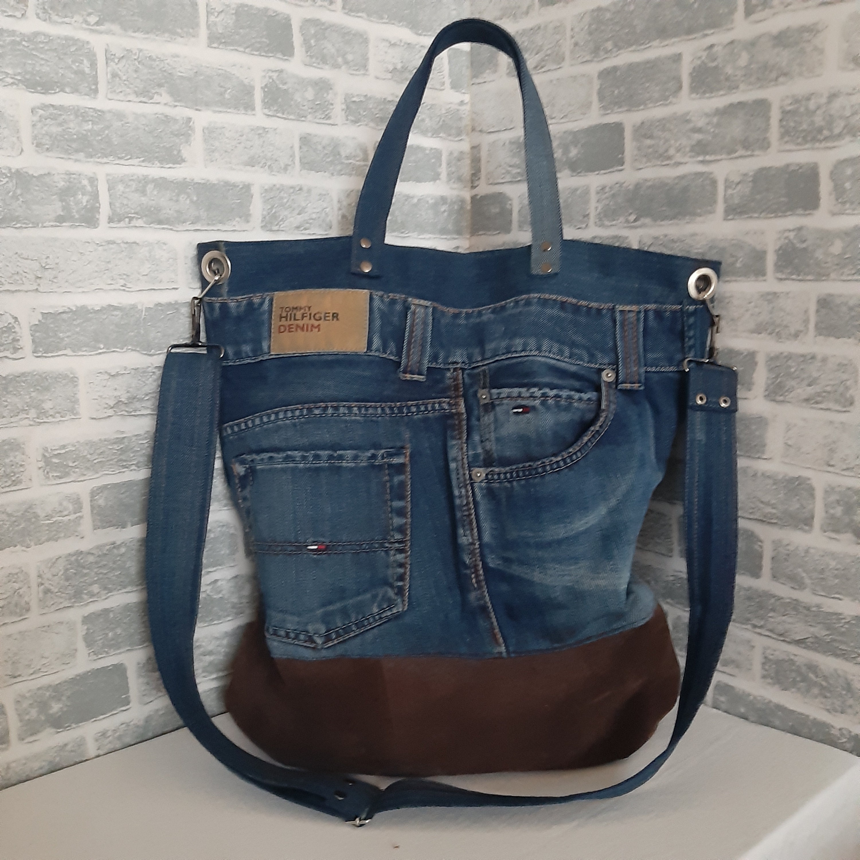 Denim leather tote bag Unisex jean large bag Casual market | Etsy