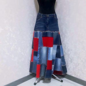 Handmade L Gipsy style denim patchwork skirt waist 35&quot;, Casual long skirt of shabby jeans, Blue-red jean maxi skirt