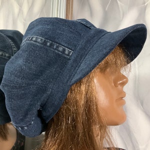 Denim patchwork newsboy cap 23", Boho blue jean hat in street fashion style, Fanny patchwork hat 58cm