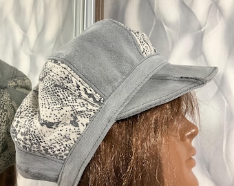 Handmade oversized denim patchwork newsboy cap 63cm, Gray jean cap in street fashion style, Falls cotton patchwork cap 24,8”