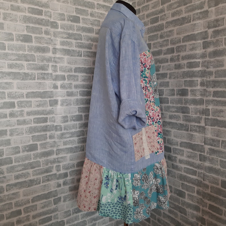 Robe chemise bleue romantique oversize, robe bohème de style gitane, tunique patchwork décontractée image 7