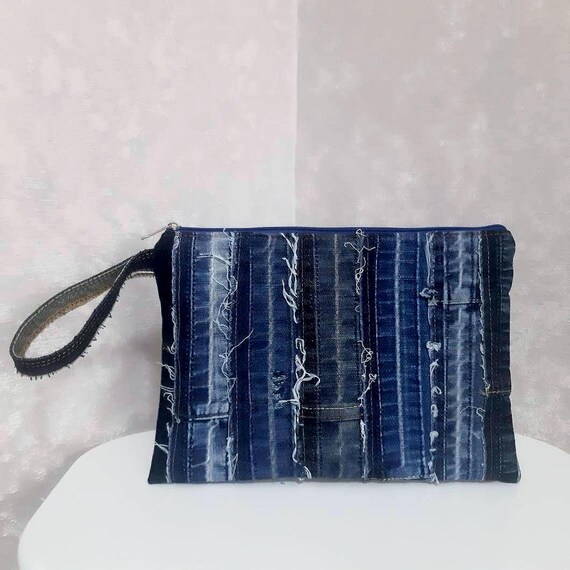 Pochette in denim patchwork fatta a mano, pochette casual in jeans