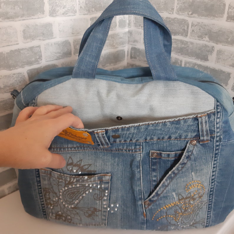 Large travel denim bag, denim shabby tote, weekender denim bag from recycled jeans image 6