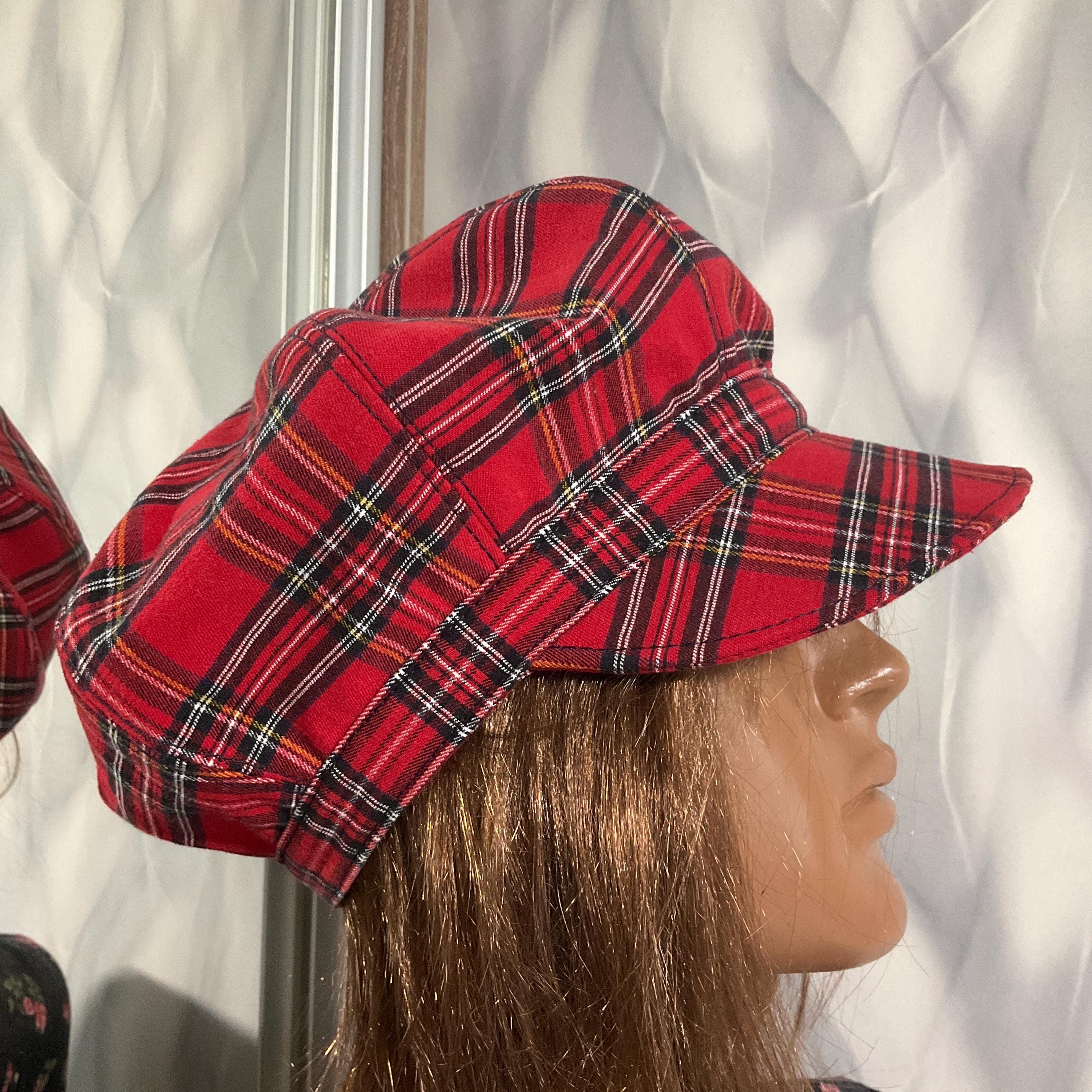 Upcycled Plaid Denim Newsboy Paperboy Cabbie Hat Denim Newsboy Cap 58cm/22.8”, Red Plaid Patchwork Hat, Boho  main image 3